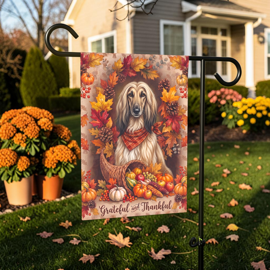 Grateful And Thankful Afghan Hound Thanksgiving Garden Flag