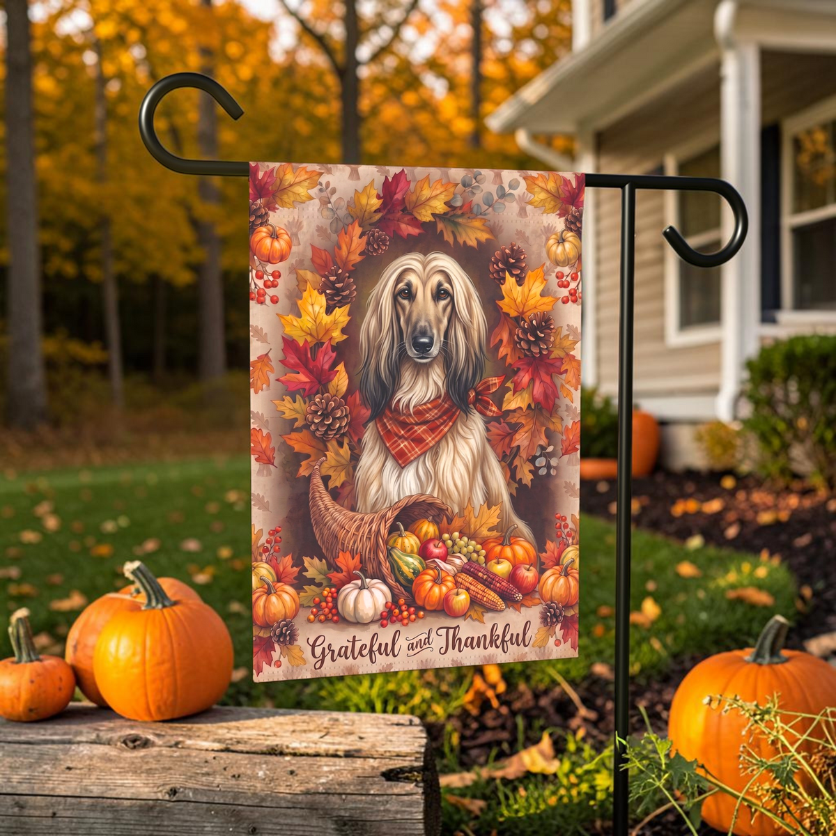Grateful And Thankful Afghan Hound Thanksgiving Garden Flag