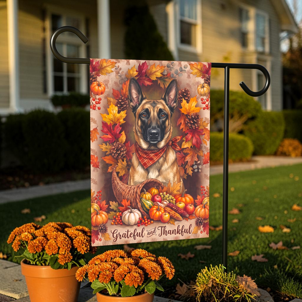 Grateful And Thankful Belgian Malinois Thanksgiving Garden Flag