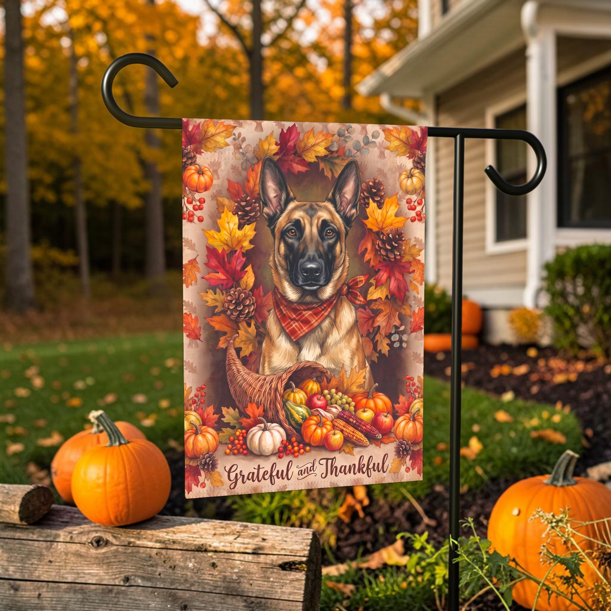 Grateful And Thankful Belgian Malinois Thanksgiving Garden Flag