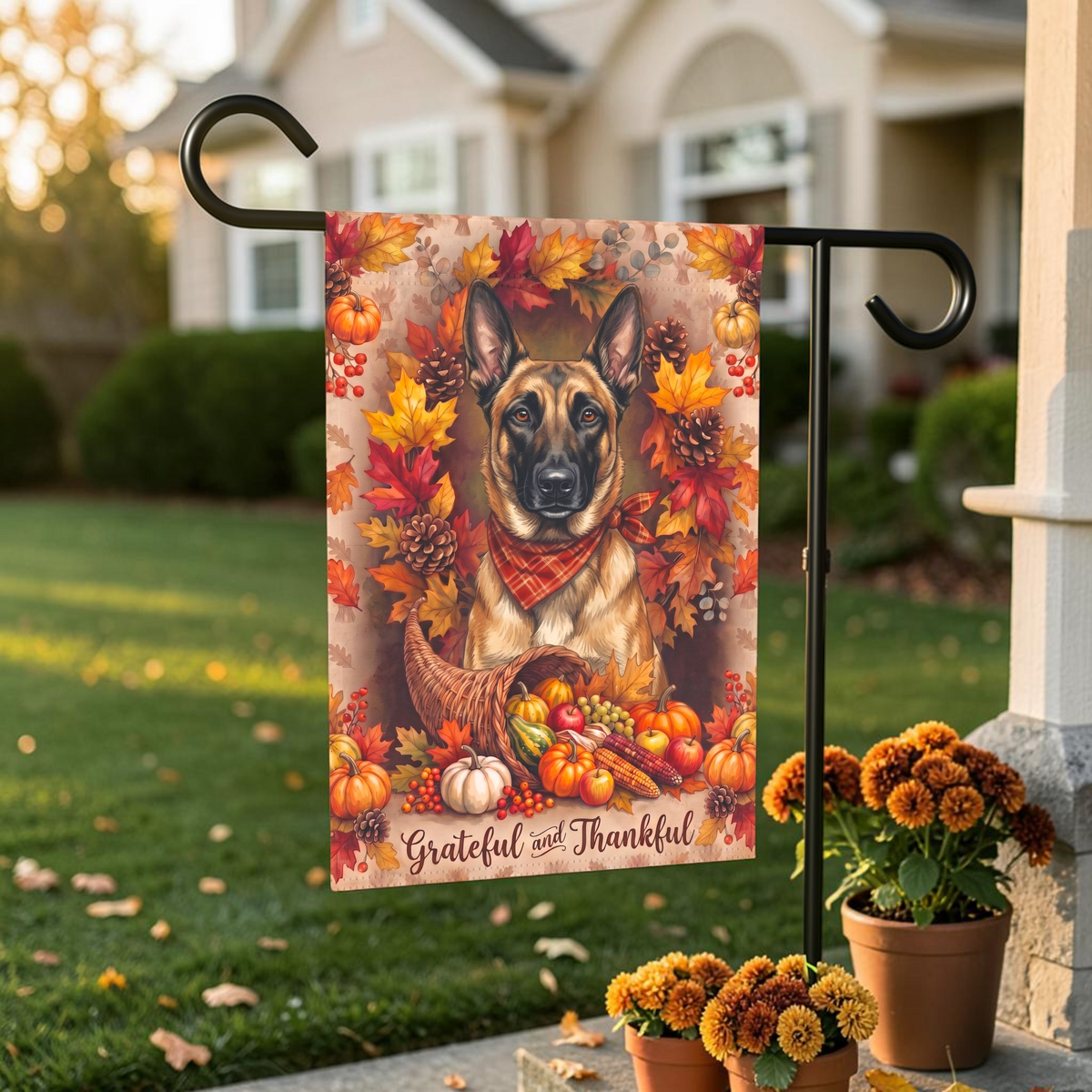 Grateful And Thankful Belgian Malinois Thanksgiving Garden Flag