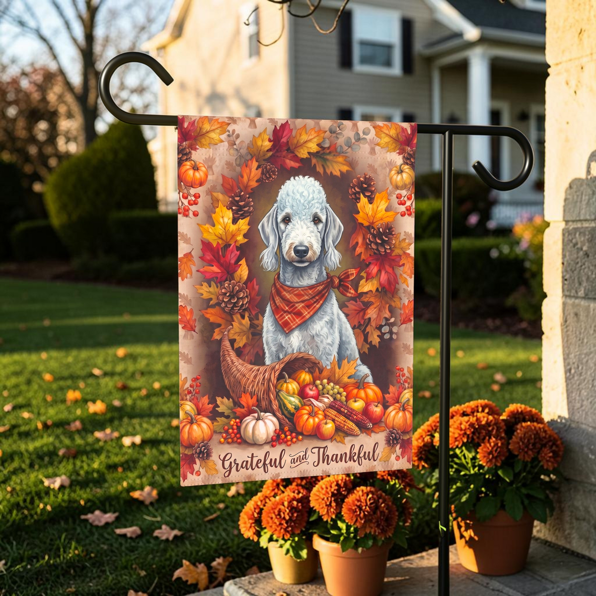 Grateful and Thankful Bedlington Terrier Thanksgiving Garden Flag