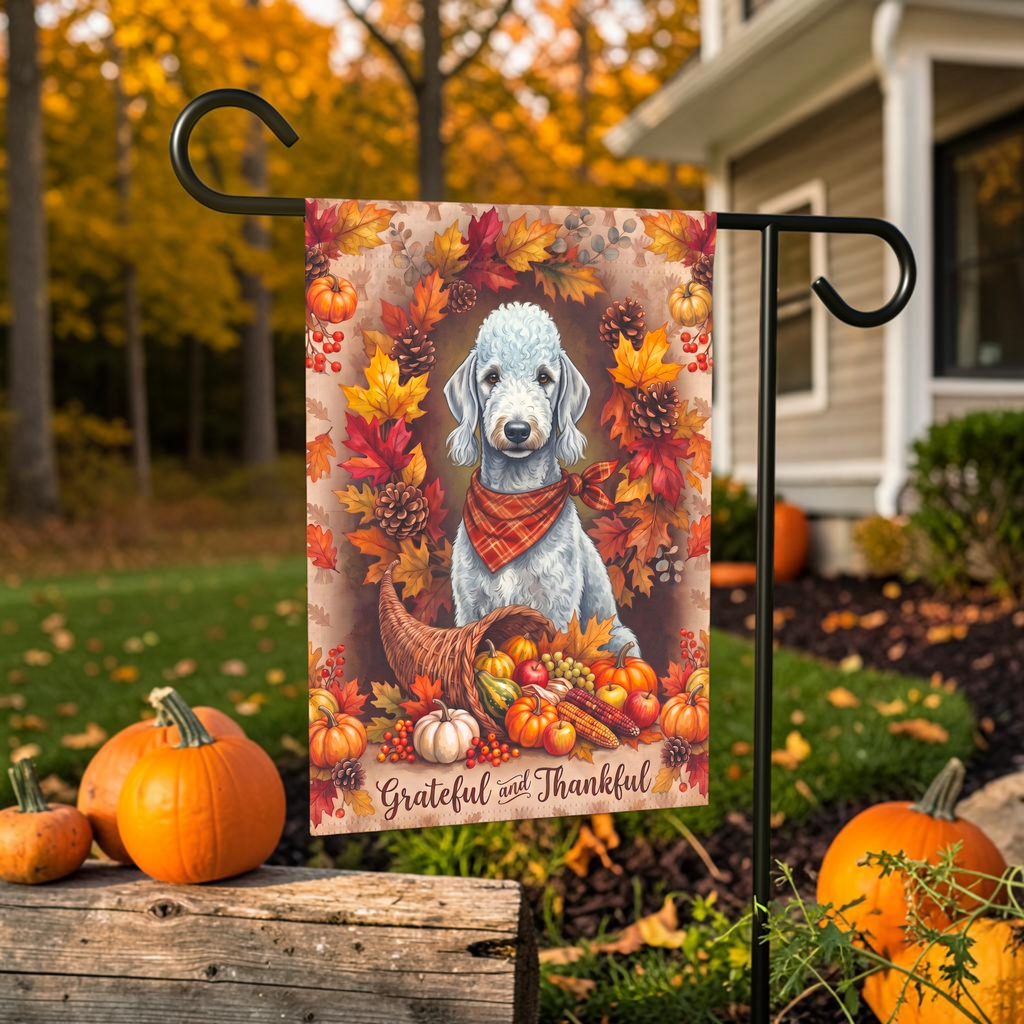 Grateful and Thankful Bedlington Terrier Thanksgiving Garden Flag