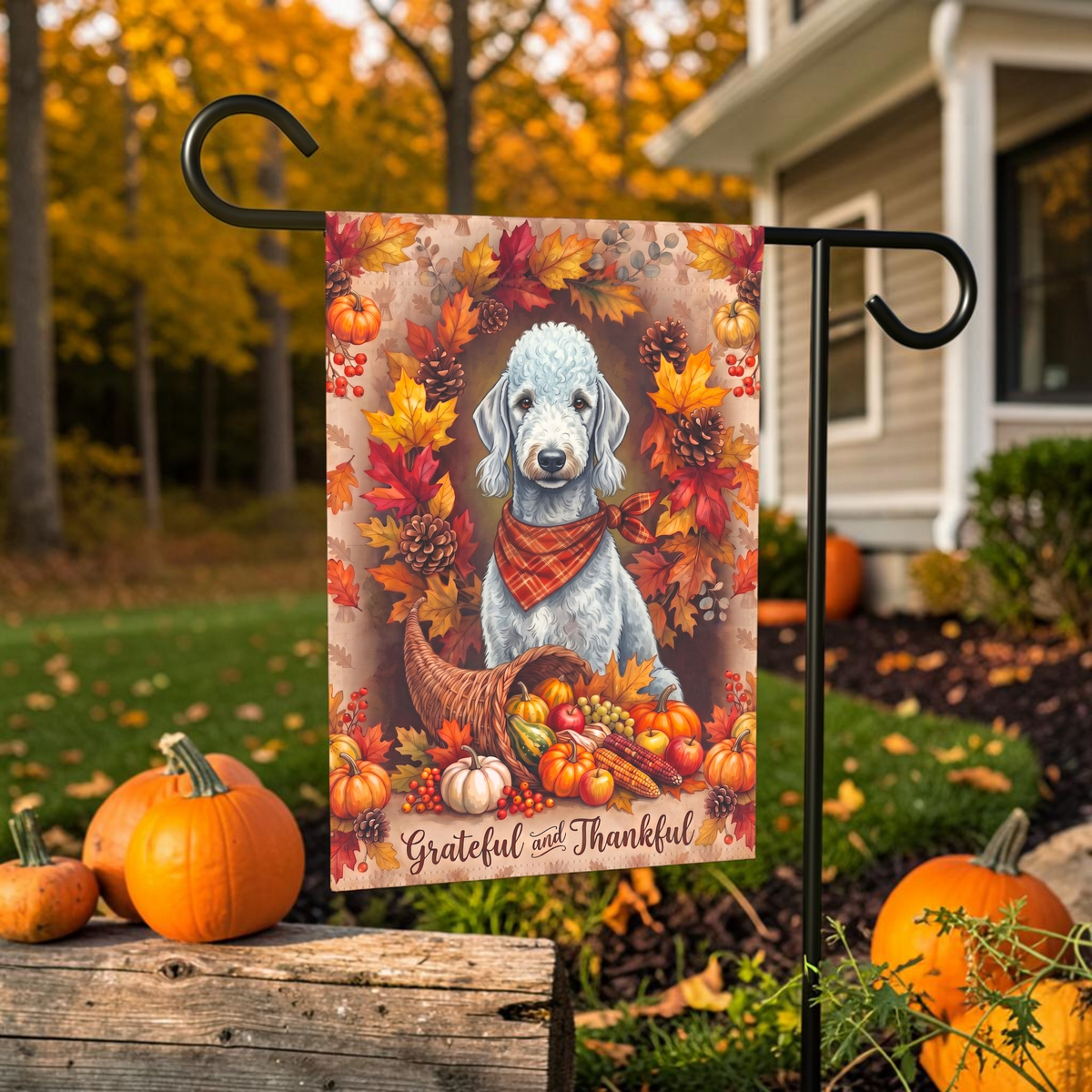 Grateful and Thankful Bedlington Terrier Thanksgiving Garden Flag