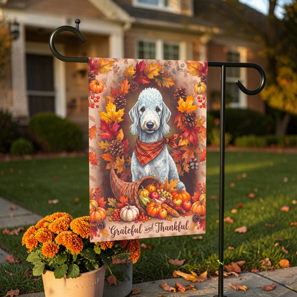 Grateful and Thankful Bedlington Terrier Thanksgiving Garden Flag