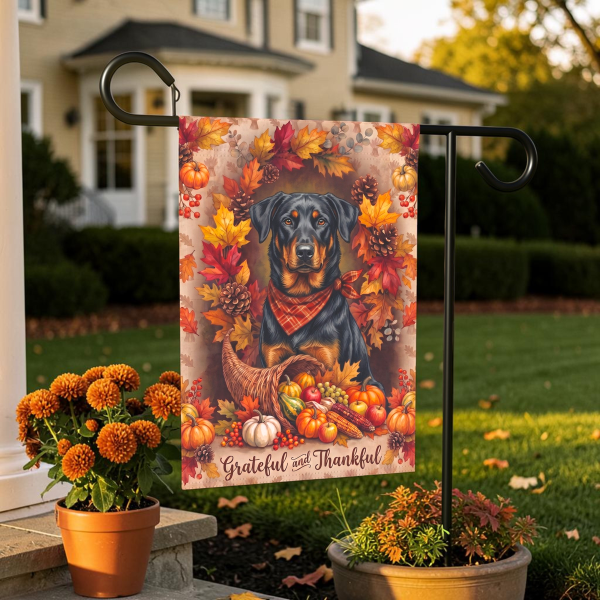 Grateful And Thankful Beauceron Thanksgiving Garden Flag