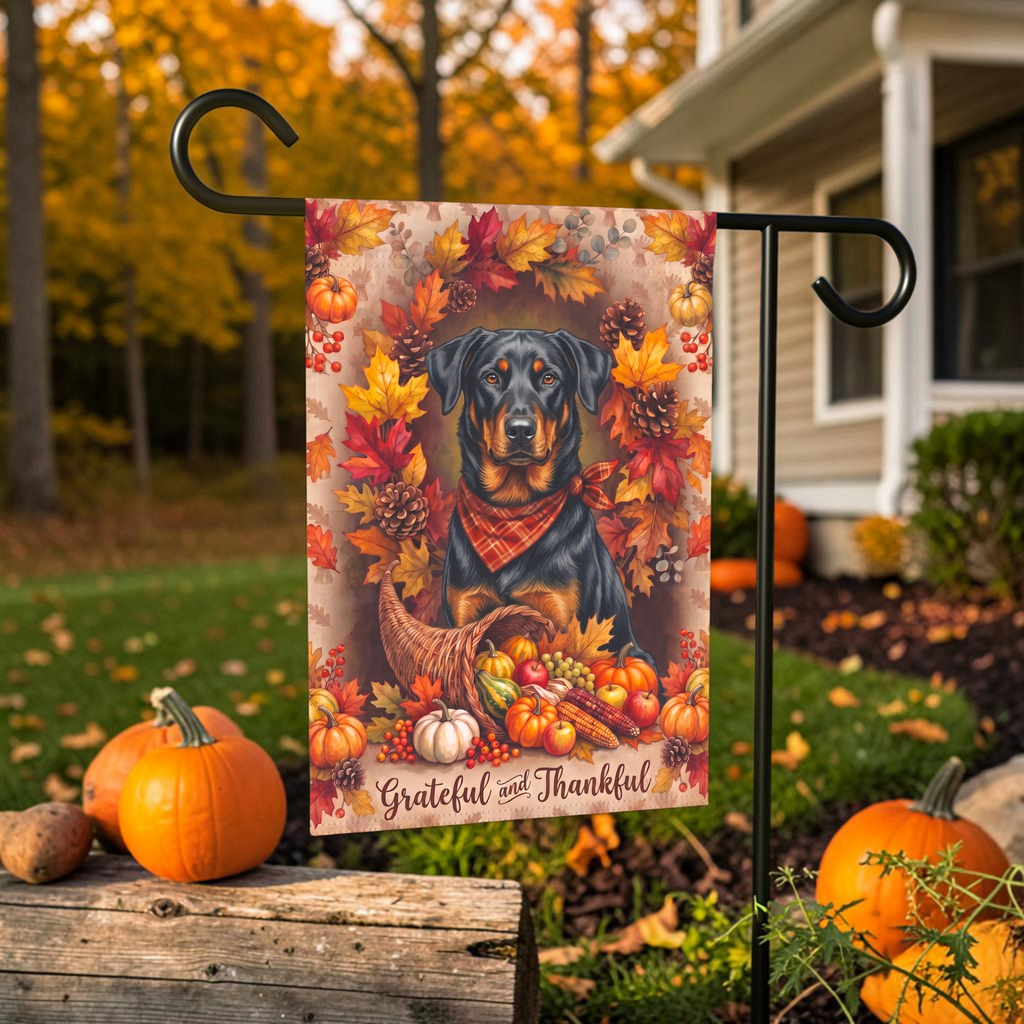 Grateful And Thankful Beauceron Thanksgiving Garden Flag