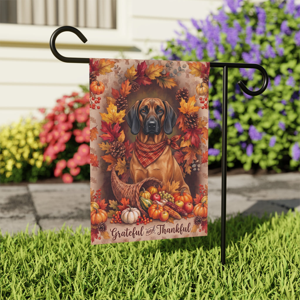 Grateful And Thankful Bavarian Mountain Scent Hound Thanksgiving Garden Flag