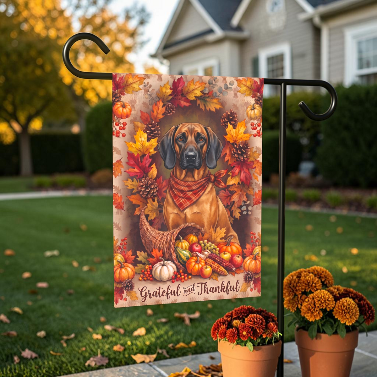 Grateful And Thankful Bavarian Mountain Scent Hound Thanksgiving Garden Flag