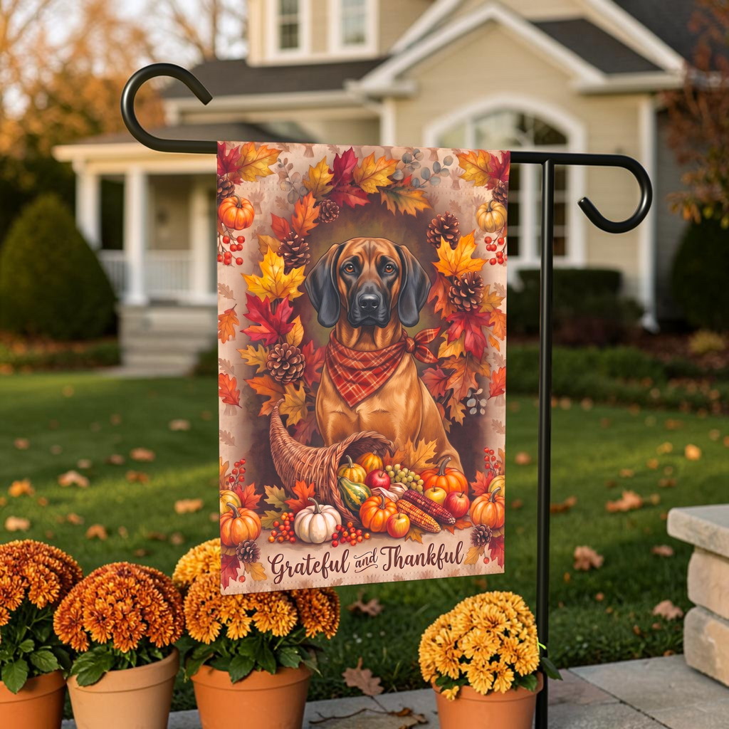 Grateful And Thankful Bavarian Mountain Scent Hound Thanksgiving Garden Flag