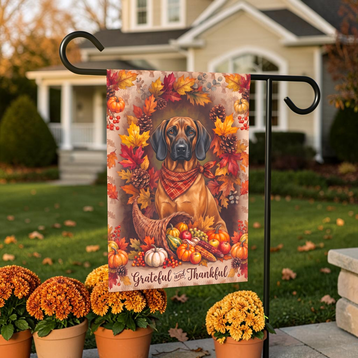 Grateful And Thankful Bavarian Mountain Scent Hound Thanksgiving Garden Flag