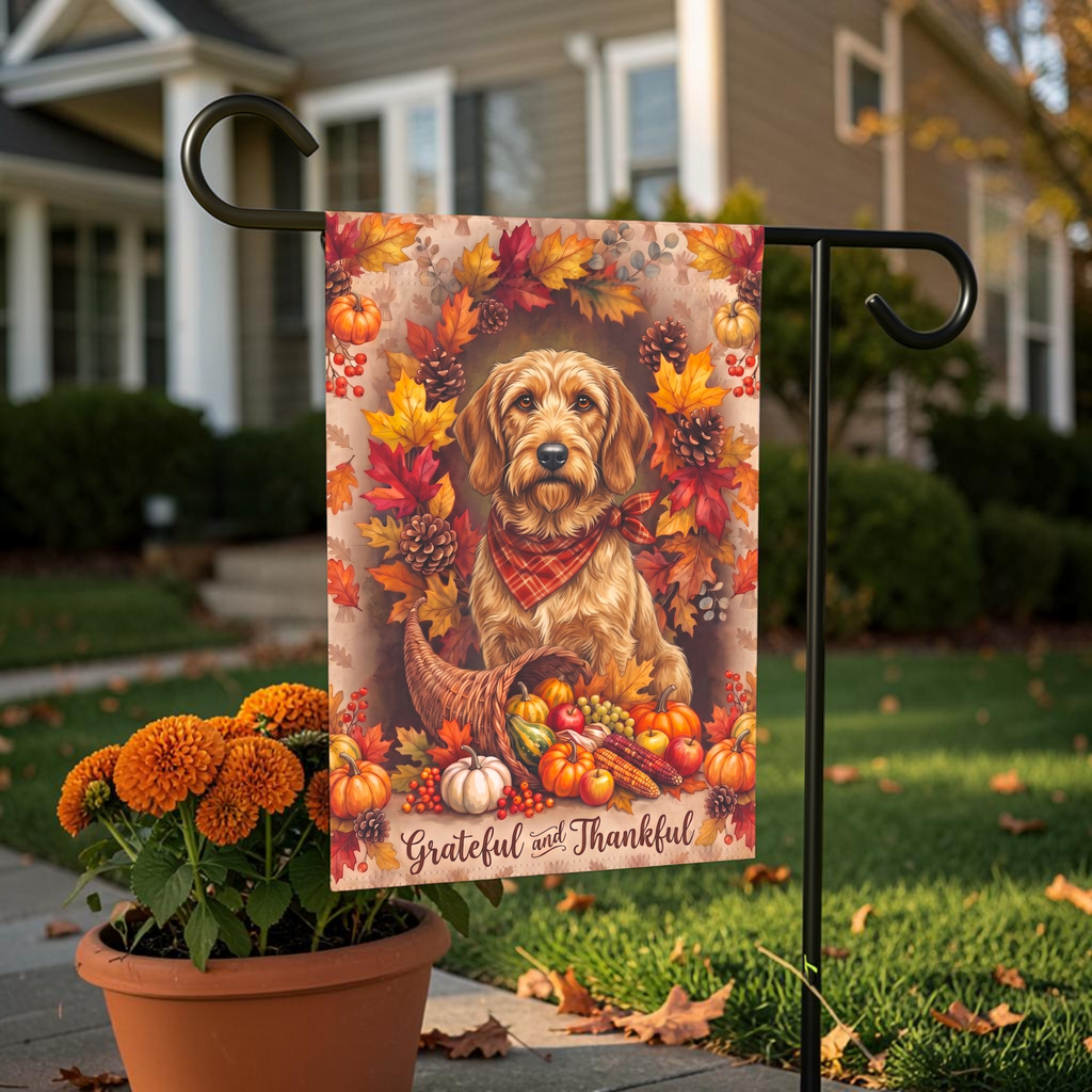 Grateful and Thankful Basset Fauve De Bretagne Thanksgiving Garden Flag
