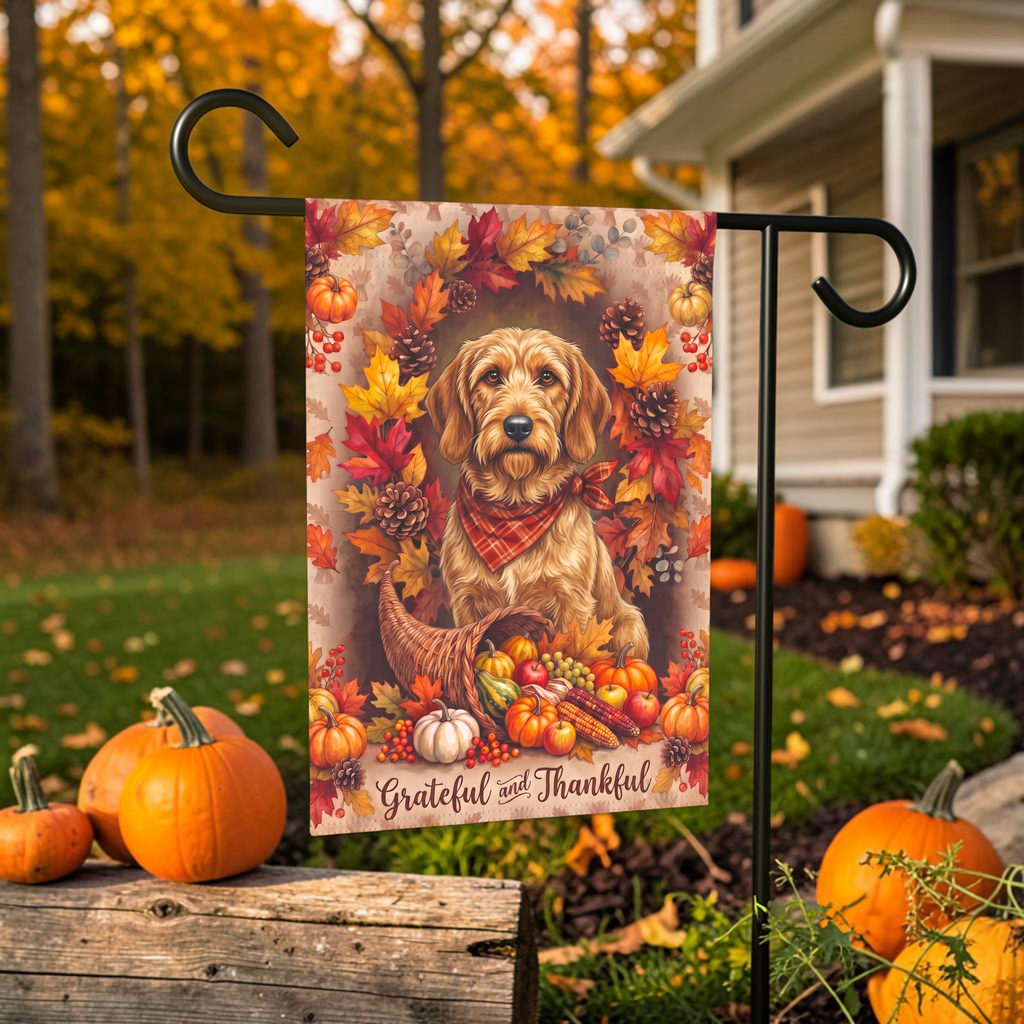 Grateful and Thankful Basset Fauve De Bretagne Thanksgiving Garden Flag