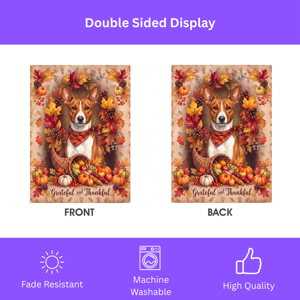 Grateful And Thankful Basenji Thanksgiving Garden Flag