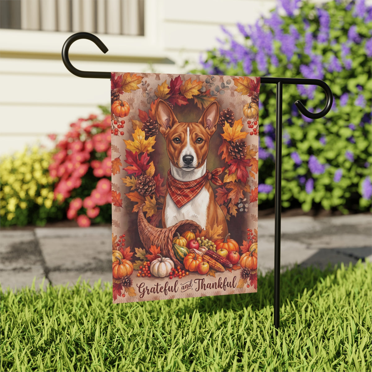 Grateful And Thankful Basenji Thanksgiving Garden Flag