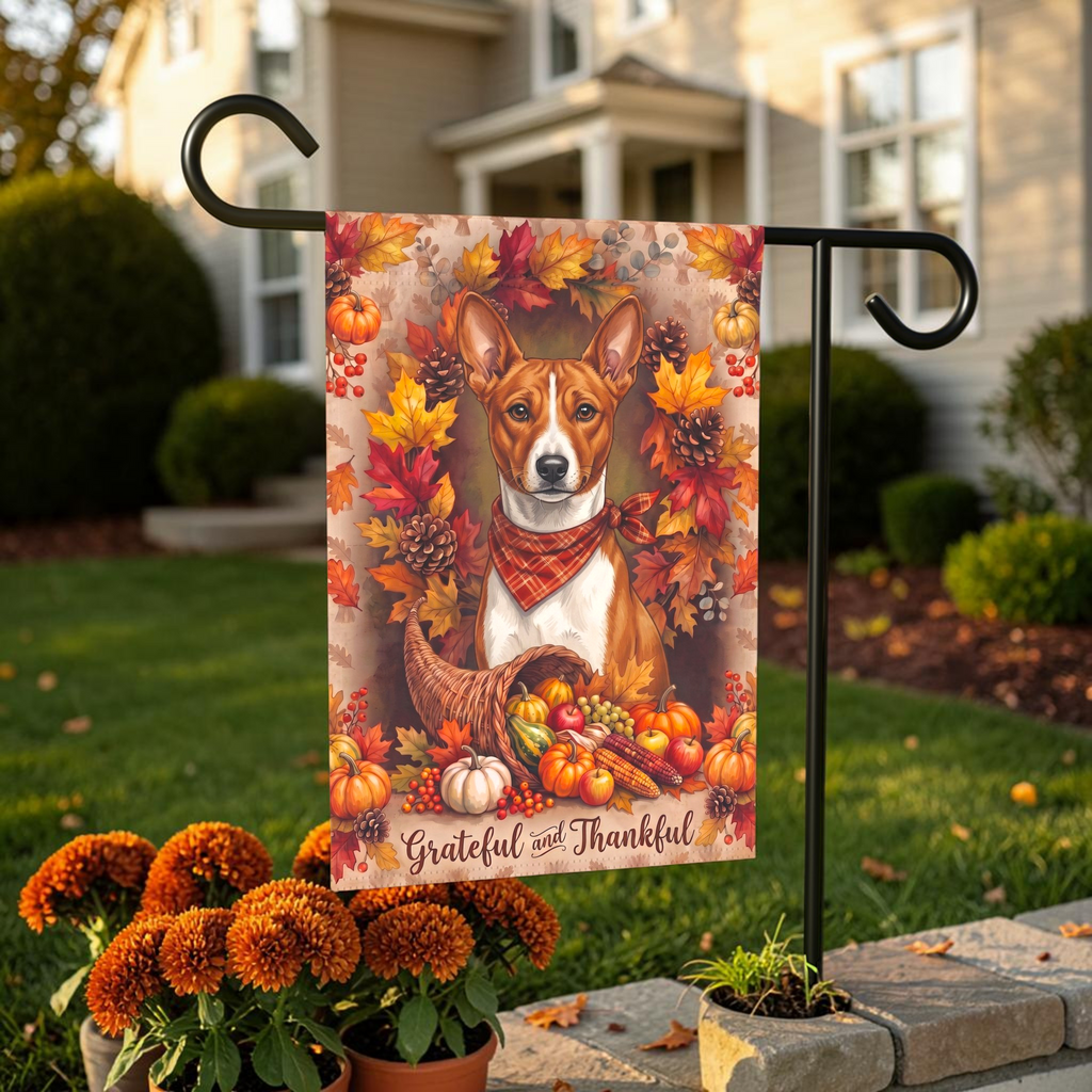 Grateful And Thankful Basenji Thanksgiving Garden Flag