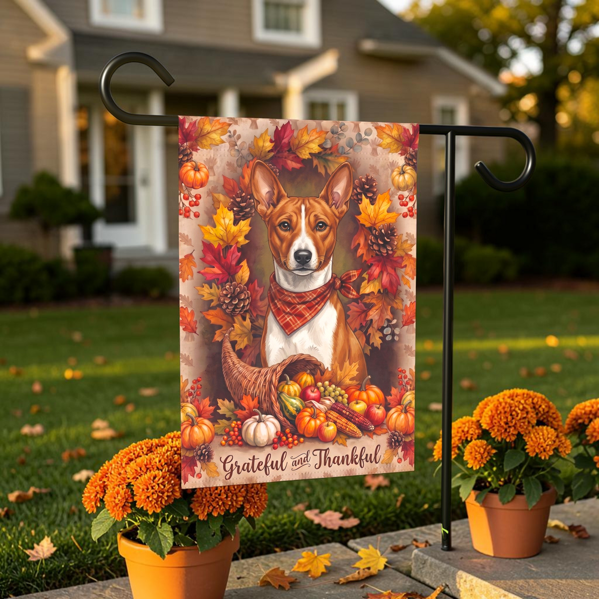 Grateful And Thankful Basenji Thanksgiving Garden Flag