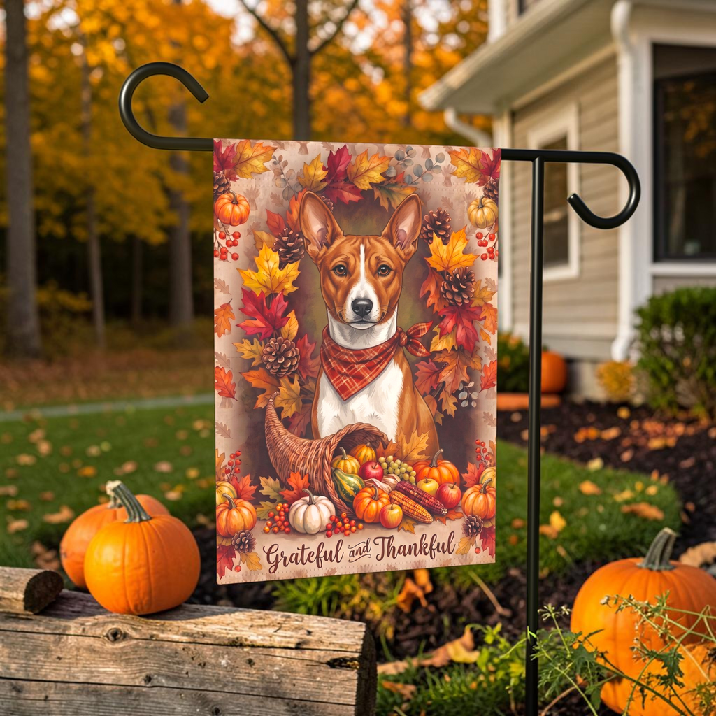 Grateful And Thankful Basenji Thanksgiving Garden Flag