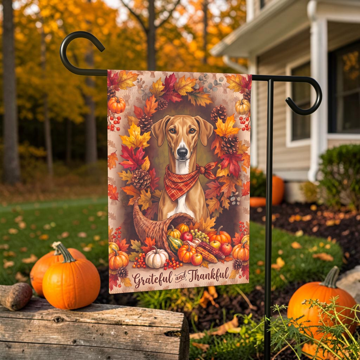 Grateful And Thankful Azawakh Thanksgiving Garden Flag