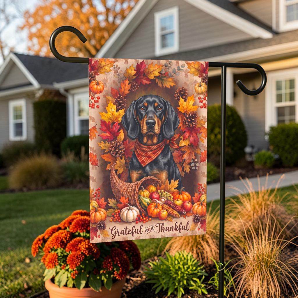 Grateful And Thankful Black And Tan Coonhound Thanksgiving Garden Flag