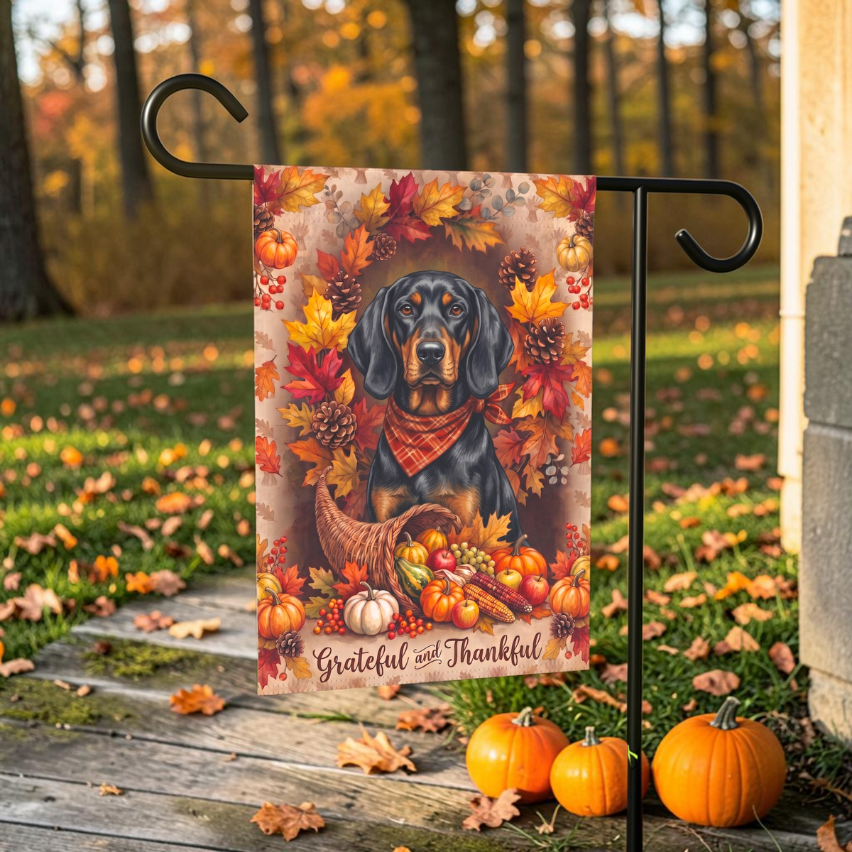 Grateful And Thankful Black And Tan Coonhound Thanksgiving Garden Flag