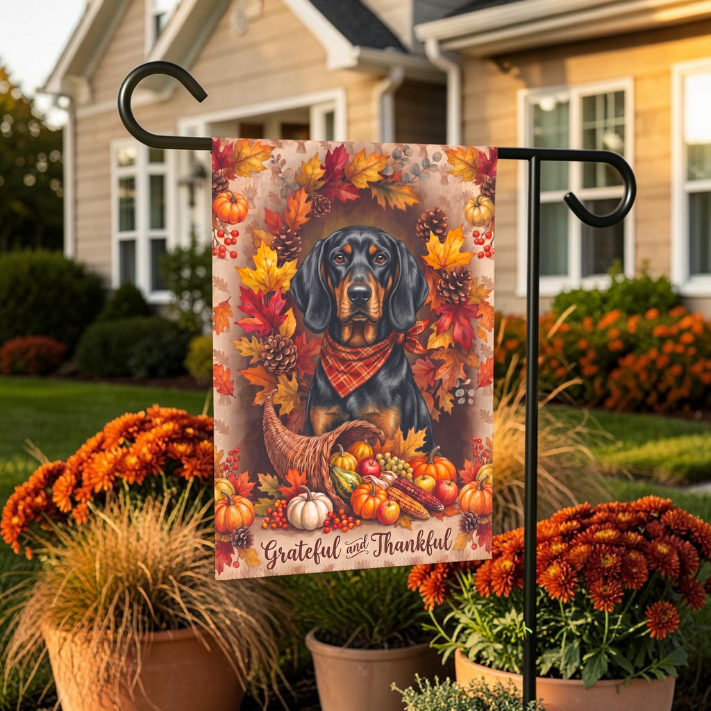 Grateful And Thankful Black And Tan Coonhound Thanksgiving Garden Flag