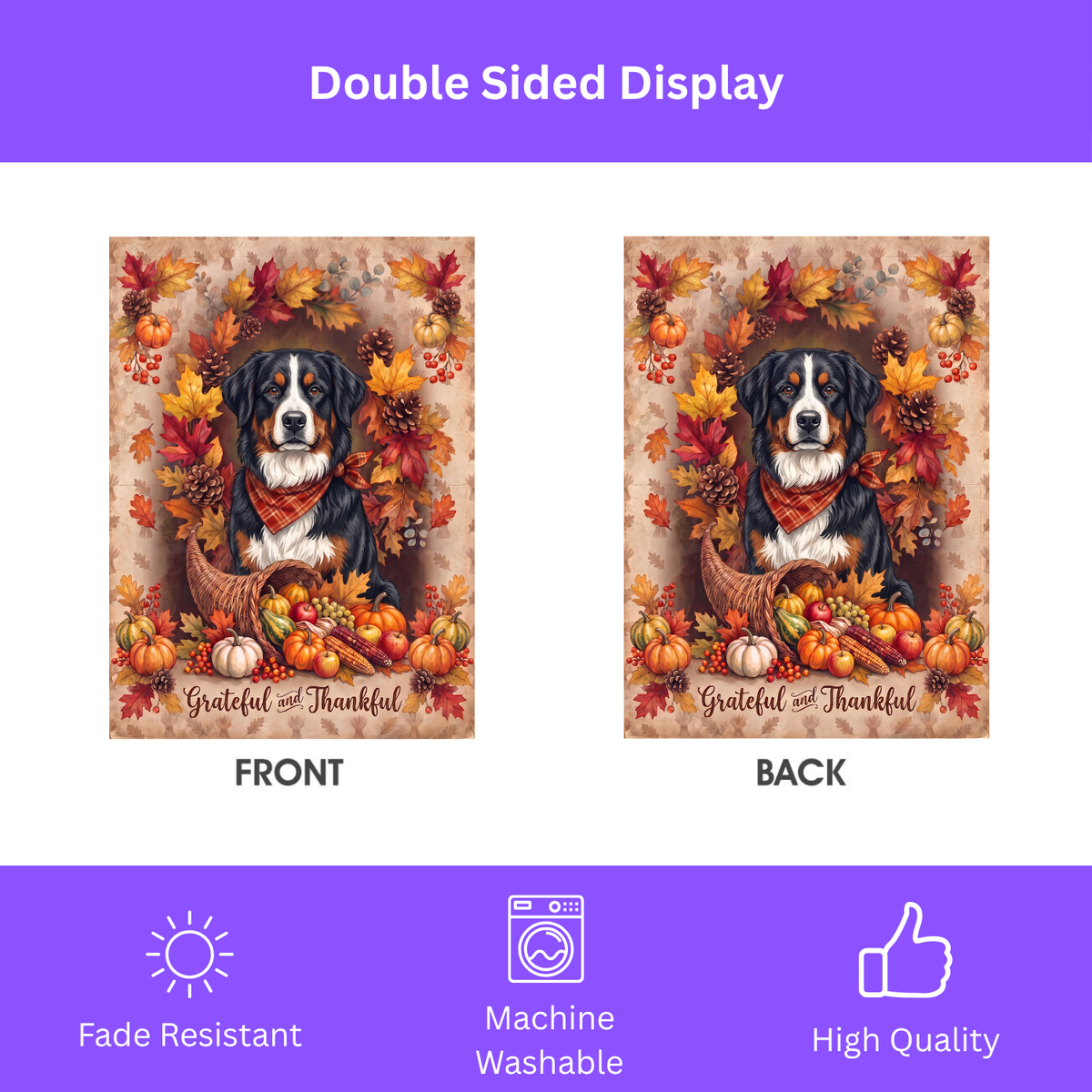 Grateful and Thankful Bernese Mountain Dog Thanksgiving Garden Flag
