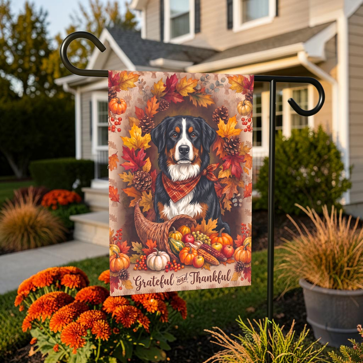 Grateful and Thankful Bernese Mountain Dog Thanksgiving Garden Flag