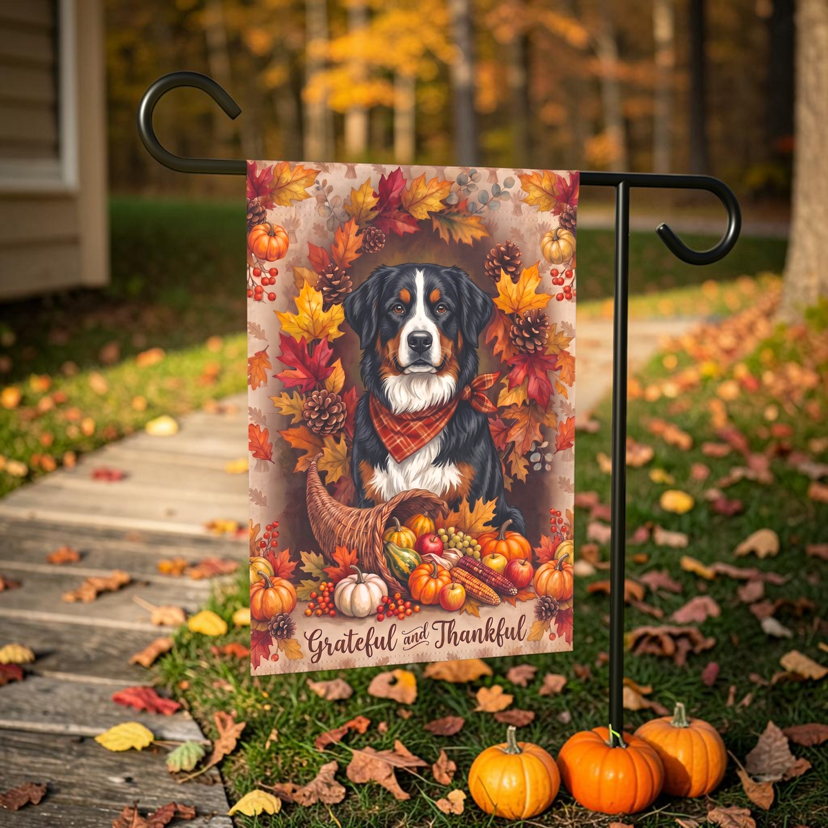Grateful and Thankful Bernese Mountain Dog Thanksgiving Garden Flag