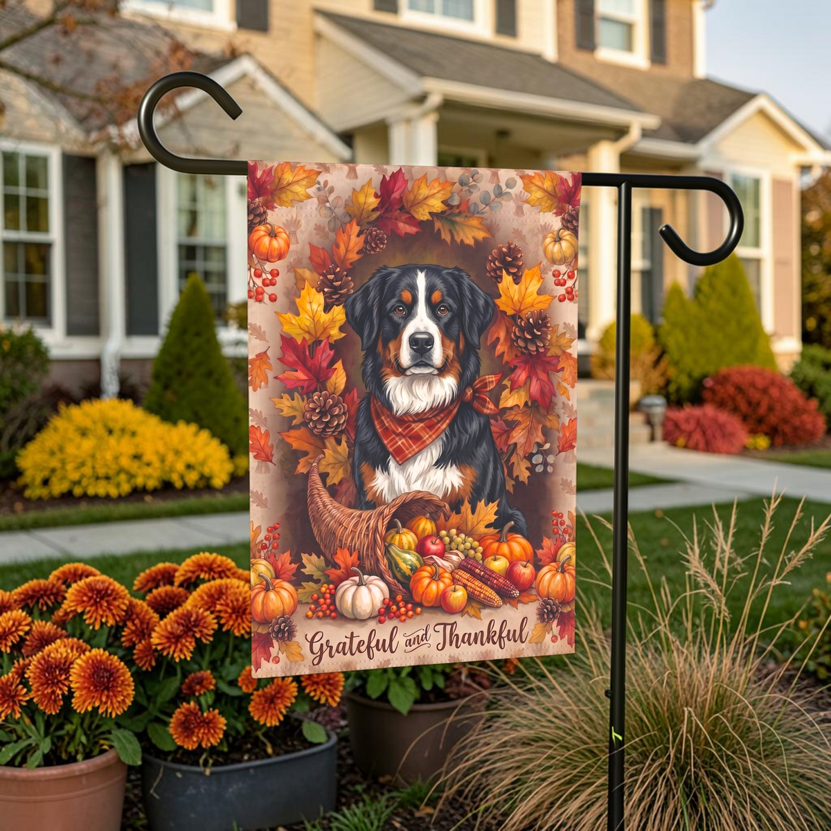 Grateful and Thankful Bernese Mountain Dog Thanksgiving Garden Flag