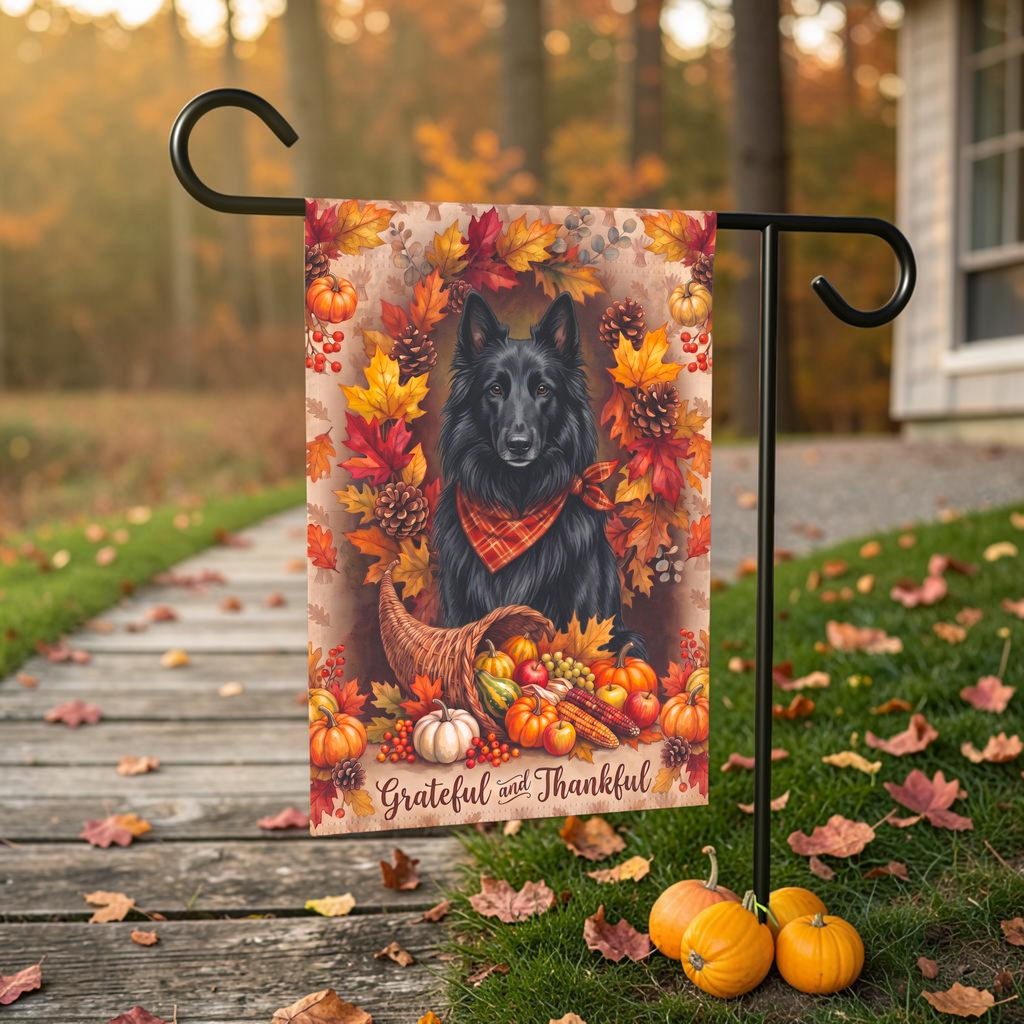 Grateful And Thankful Belgian Sheepdog Thanksgiving Garden Flag