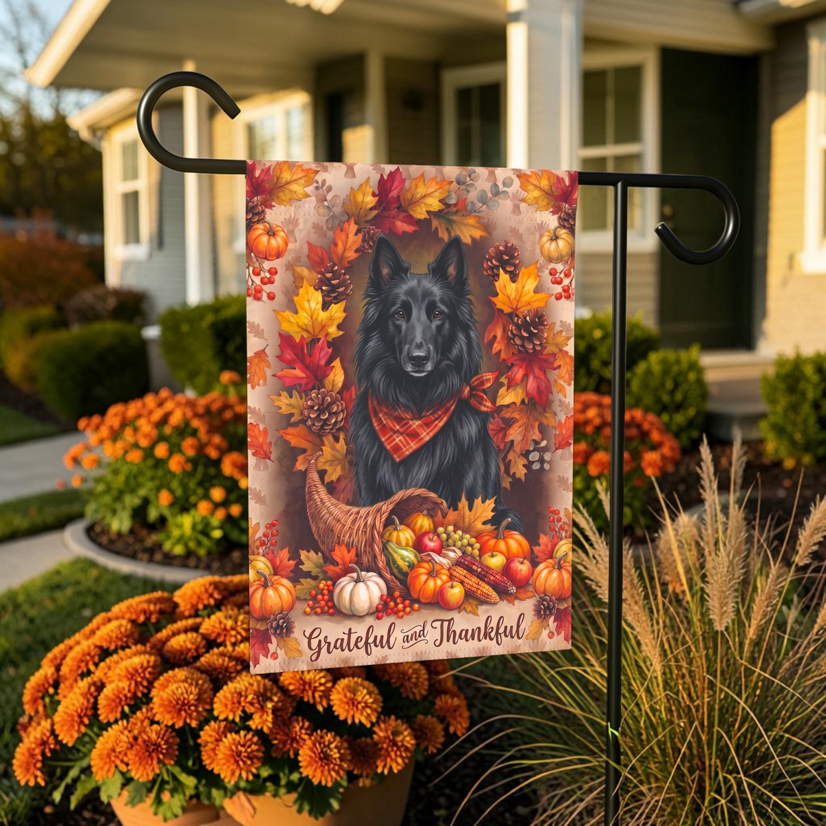 Grateful And Thankful Belgian Sheepdog Thanksgiving Garden Flag