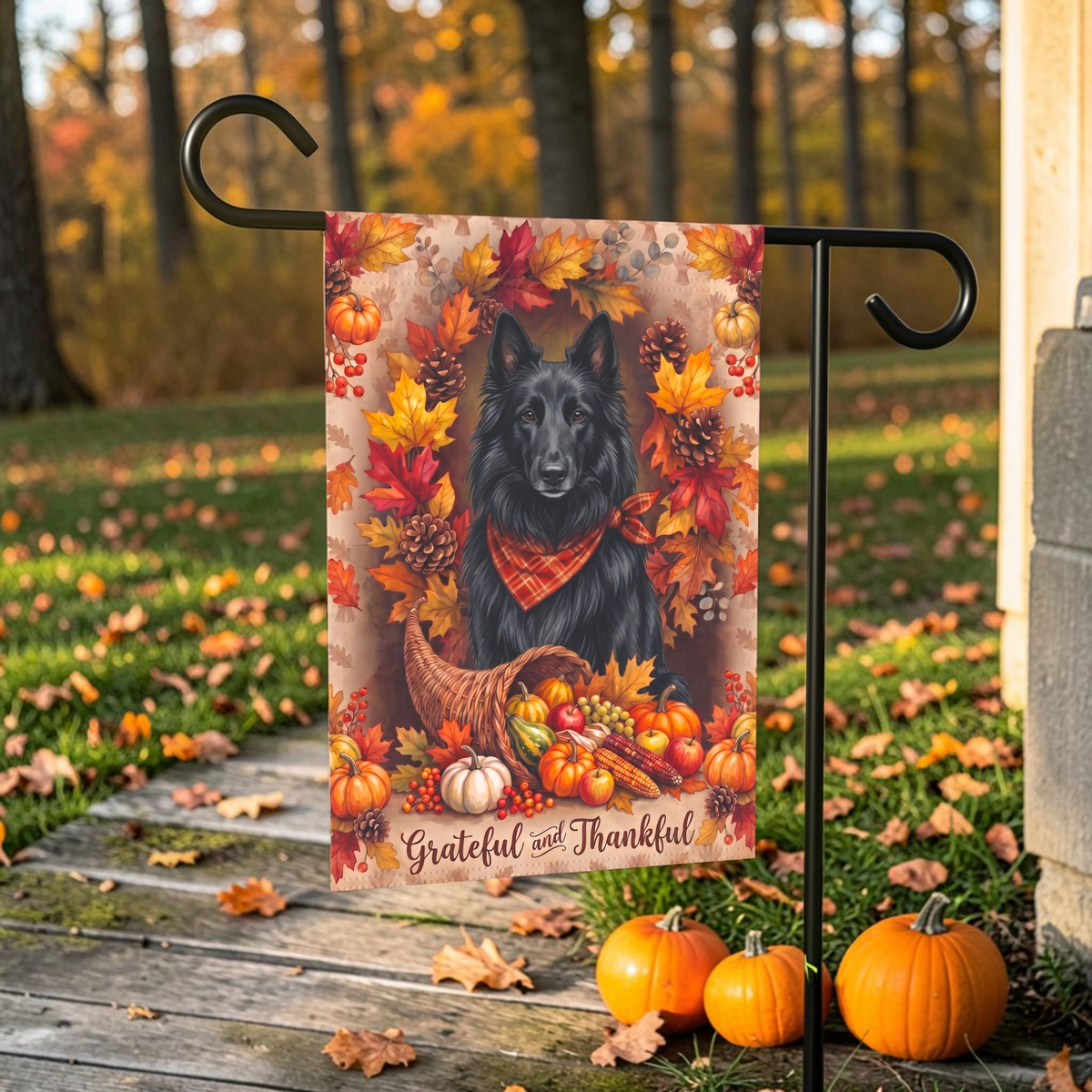Grateful And Thankful Belgian Sheepdog Thanksgiving Garden Flag