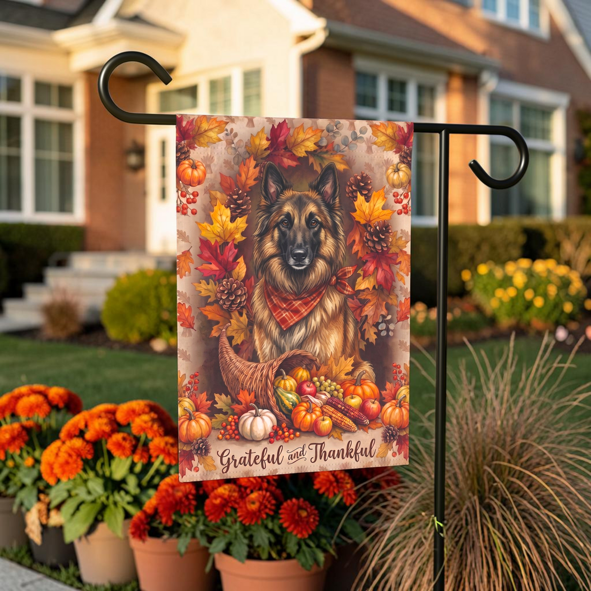 Grateful And Thankful Belgian Tervuren Thanksgiving Garden Flag