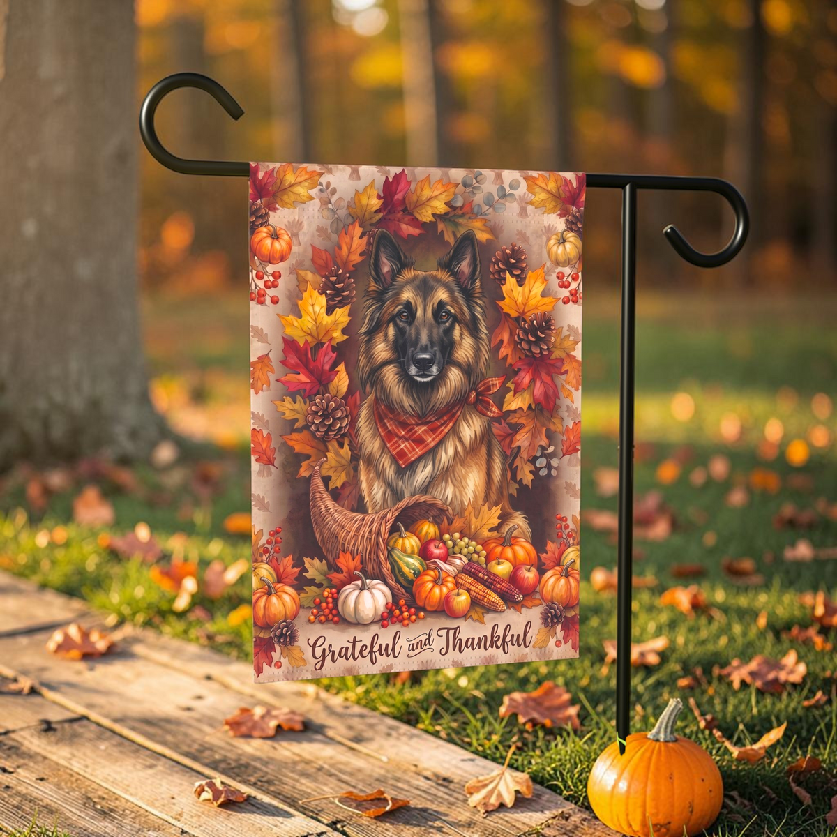 Grateful And Thankful Belgian Tervuren Thanksgiving Garden Flag