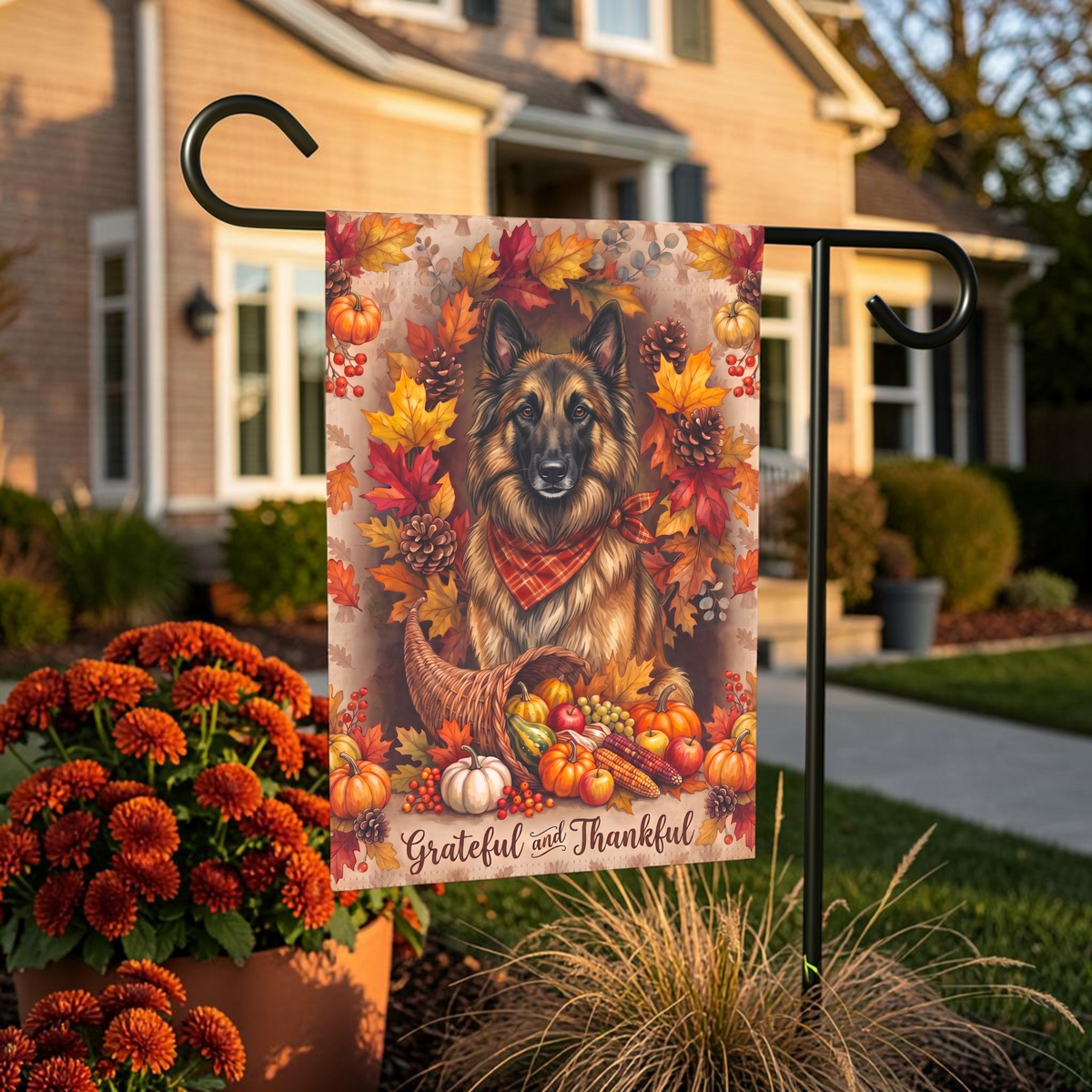 Grateful And Thankful Belgian Tervuren Thanksgiving Garden Flag