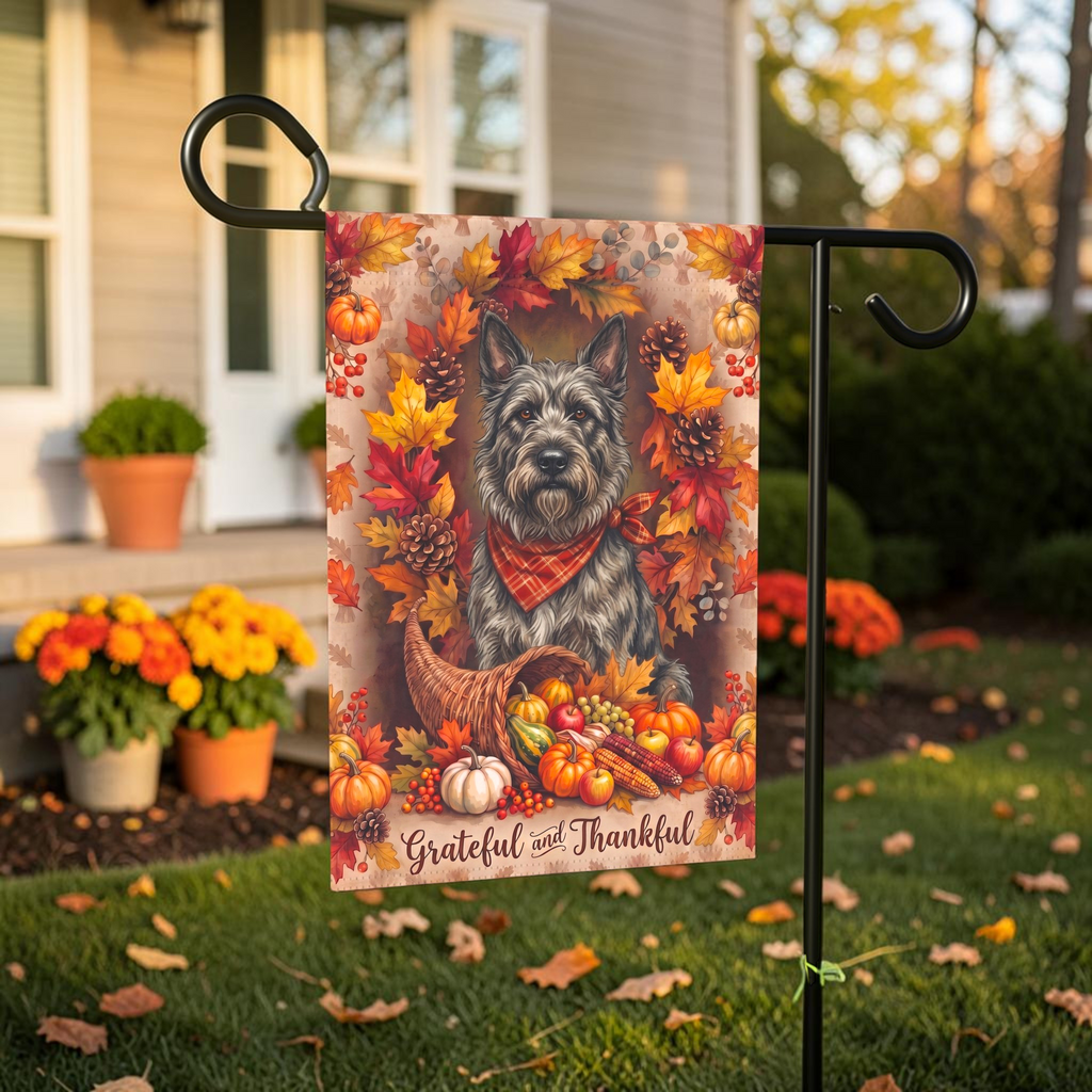 Grateful And Thankful Bouvier Des Ardennes Thanksgiving Garden Flag