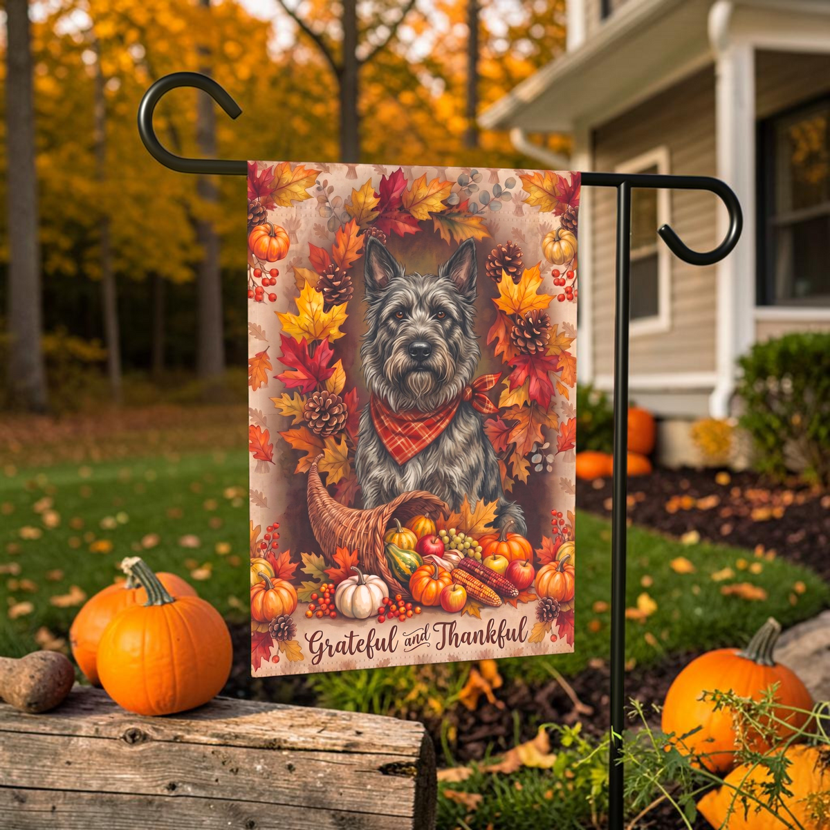 Grateful And Thankful Bouvier Des Ardennes Thanksgiving Garden Flag