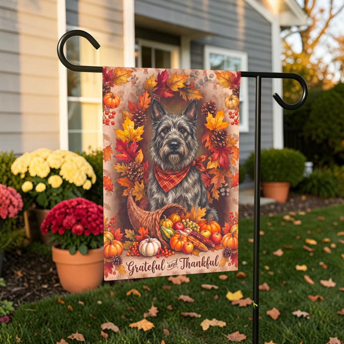 Grateful And Thankful Bouvier Des Ardennes Thanksgiving Garden Flag