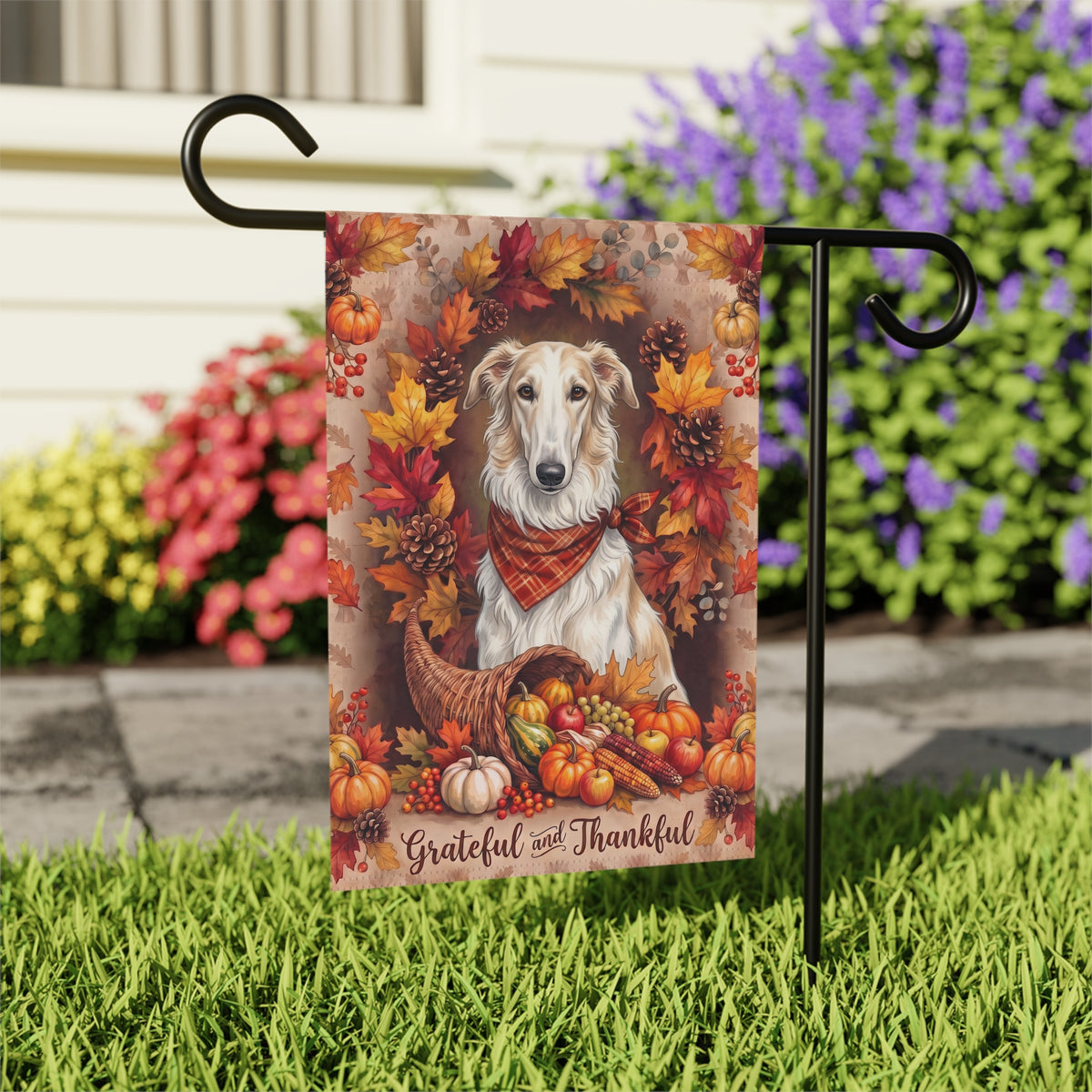 Grateful And Thankful Borzoi Thanksgiving Garden Flag