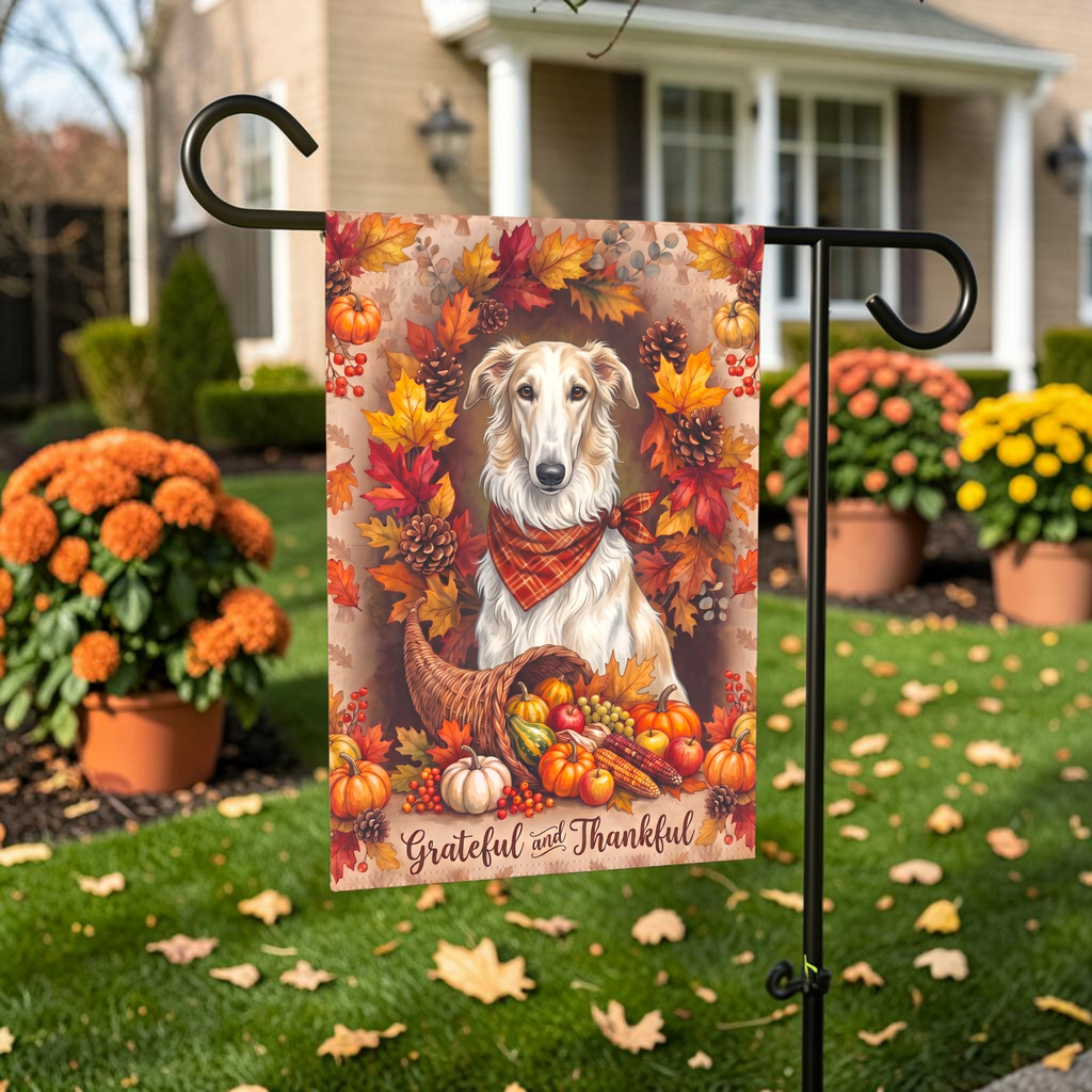 Grateful And Thankful Borzoi Thanksgiving Garden Flag