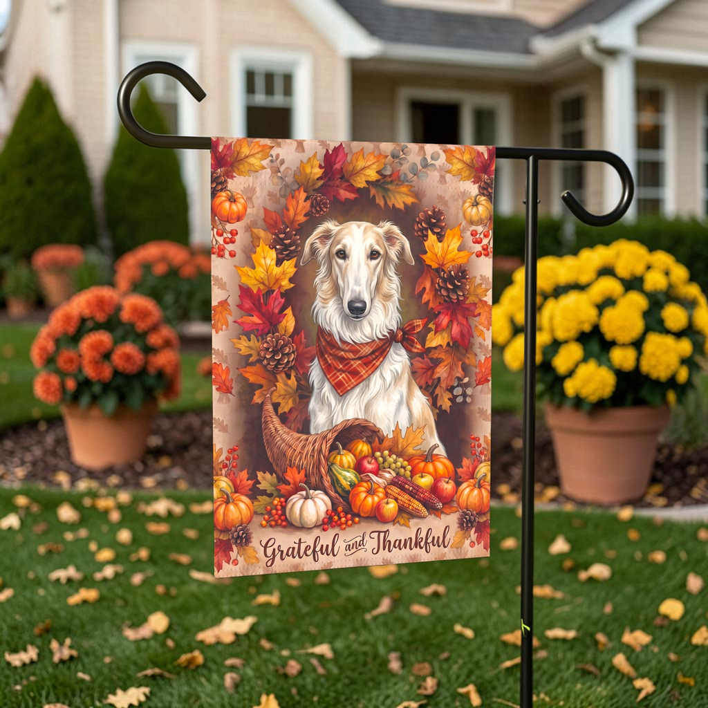 Grateful And Thankful Borzoi Thanksgiving Garden Flag