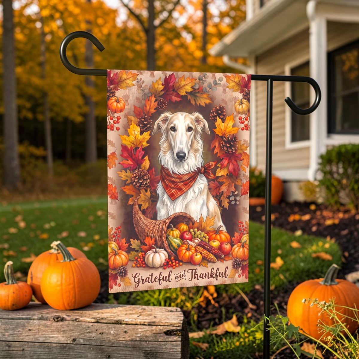 Grateful And Thankful Borzoi Thanksgiving Garden Flag