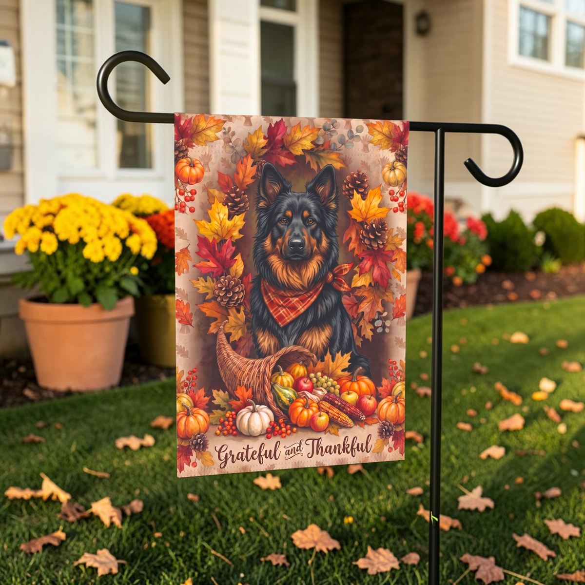 Grateful and Thankful Bohemian Shepherd Thanksgiving Garden Flag