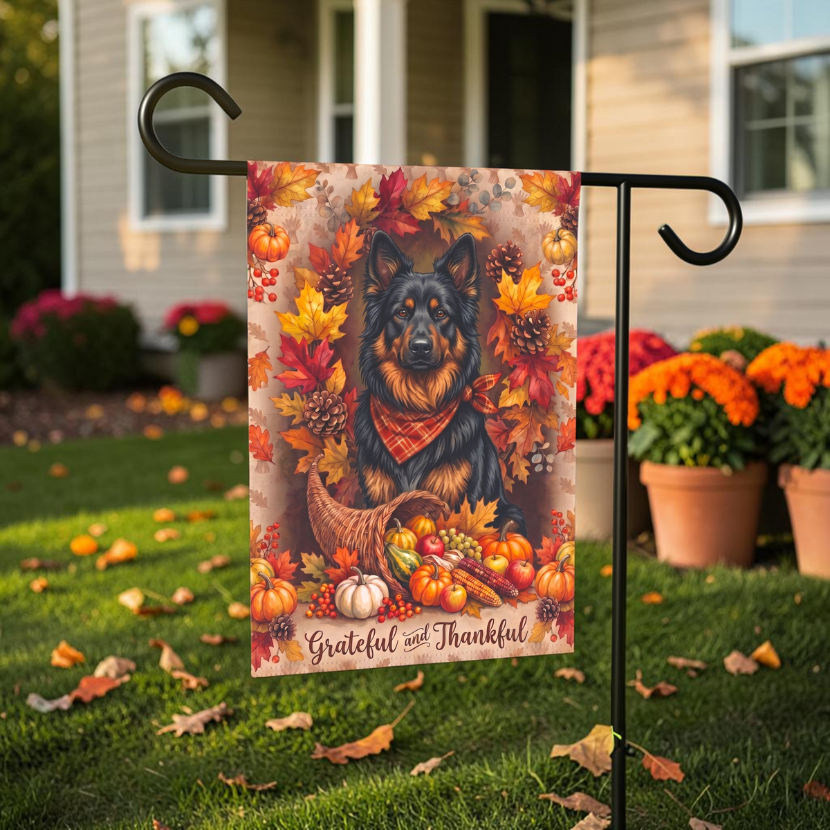 Grateful and Thankful Bohemian Shepherd Thanksgiving Garden Flag