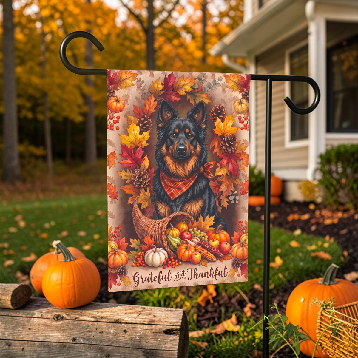 Grateful and Thankful Bohemian Shepherd Thanksgiving Garden Flag