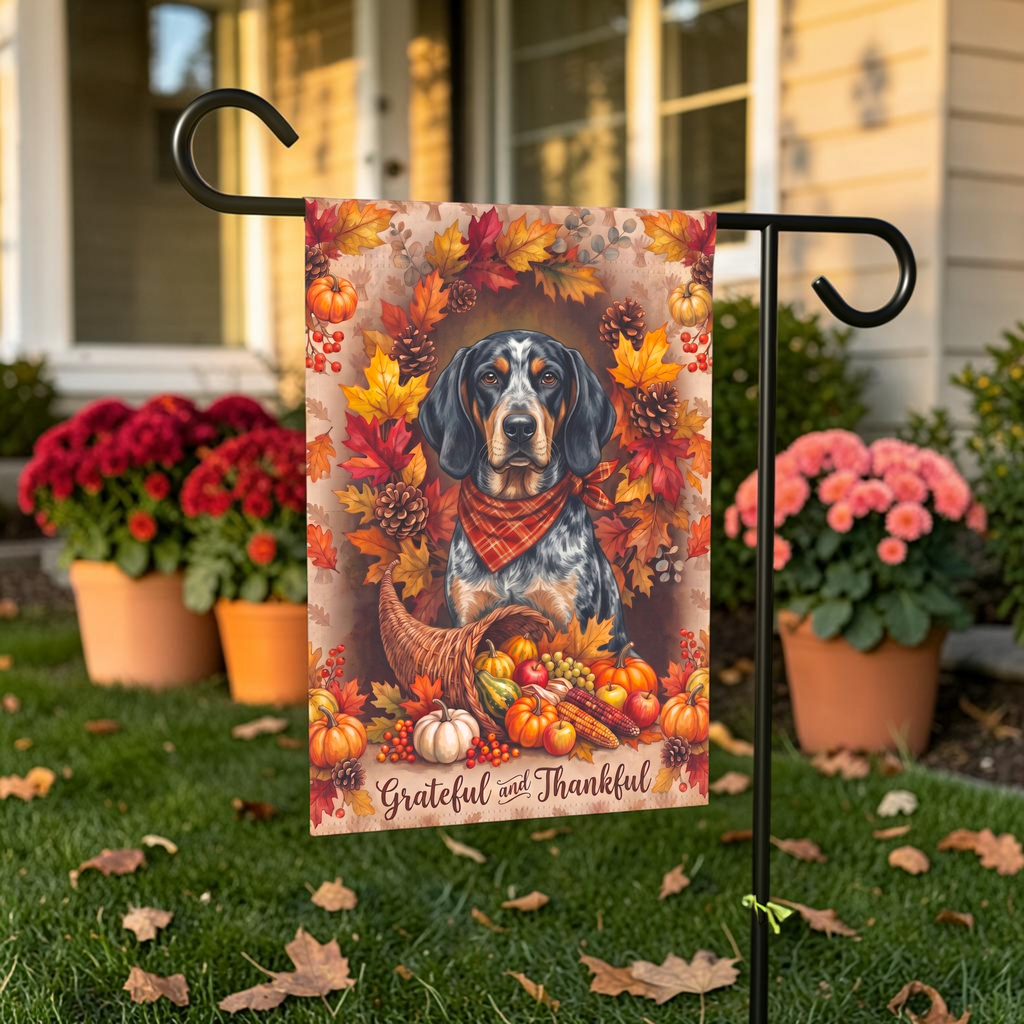 Grateful And Thankful Bluetick Coonhound Thanksgiving Garden Flag