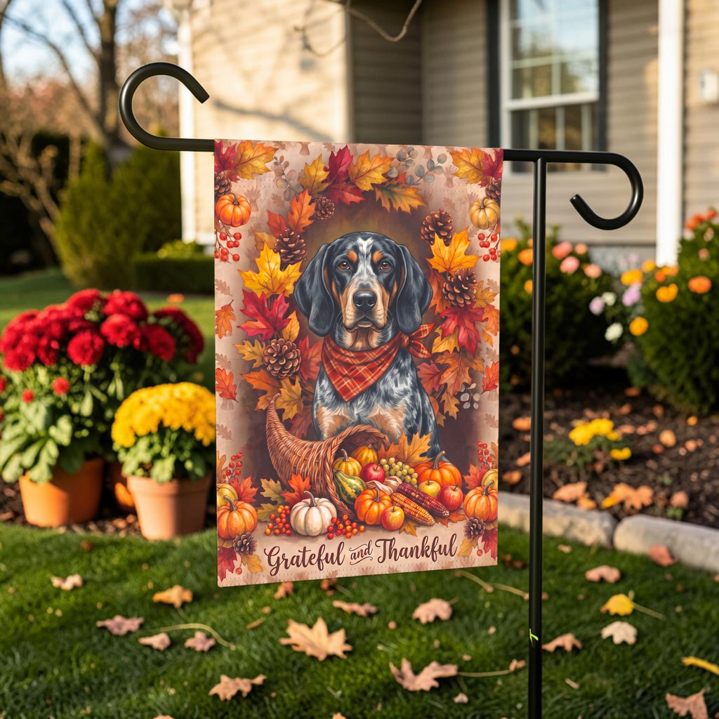 Grateful And Thankful Bluetick Coonhound Thanksgiving Garden Flag