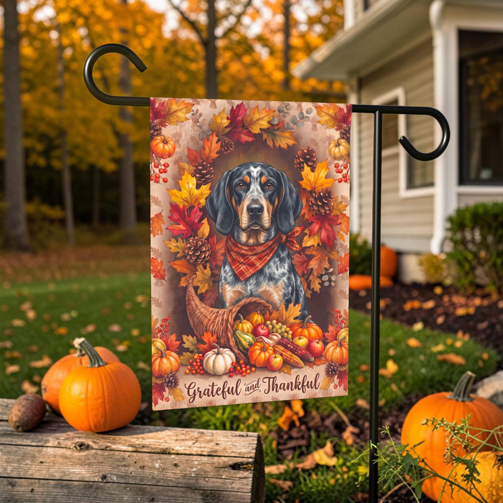 Grateful And Thankful Bluetick Coonhound Thanksgiving Garden Flag