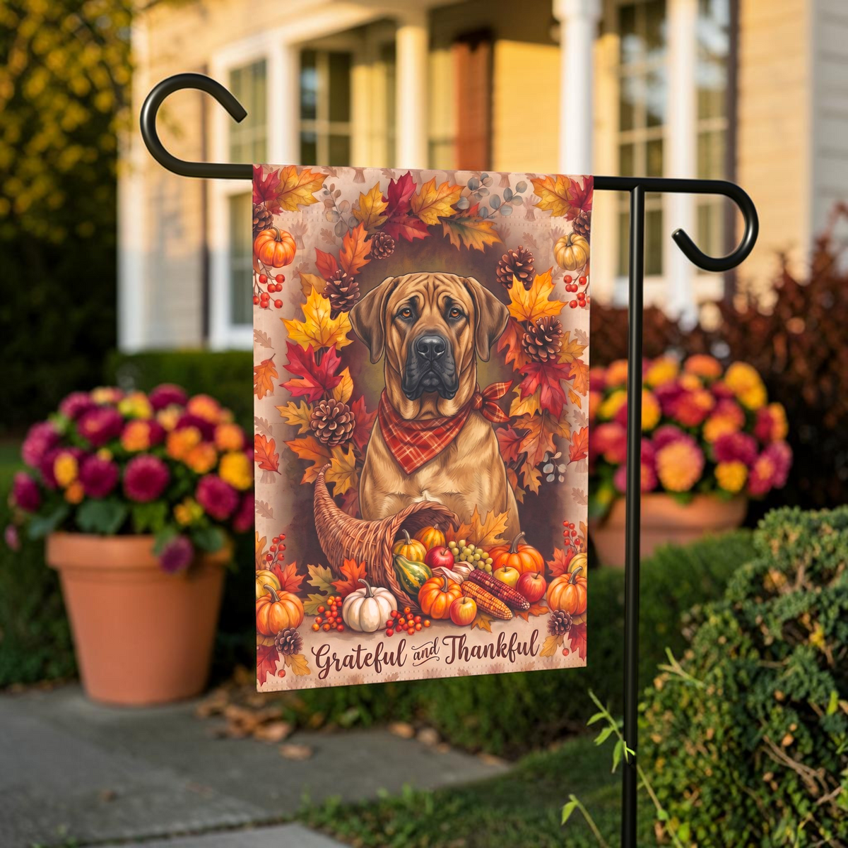 Grateful And Thankful Dog Broholmer Thanksgiving Garden Flag